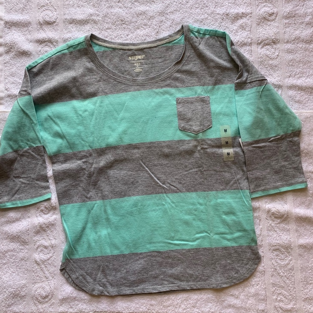 NWT Old Navy Gray & Teal Striped Pocket T-shirt
